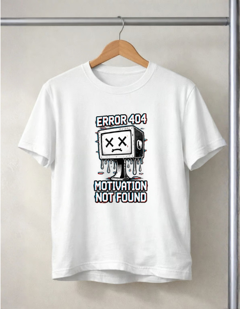 A white short-sleeve crewneck t-shirt hanging on a wooden hanger against a light beige wall. The shirt features a 'ERROR 404 MOTION NOT FOUND' cartoon graphic of a sad TV character with dripping paint.
