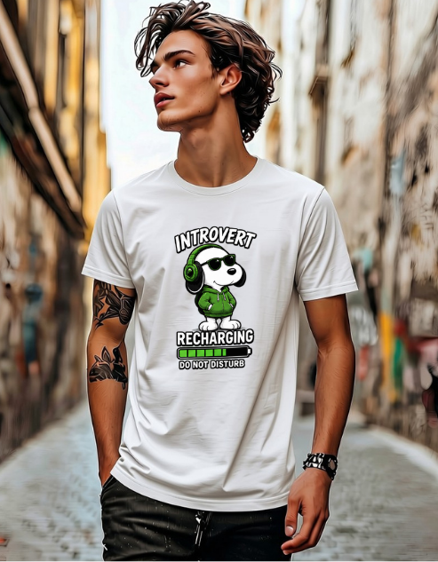 A man wearing a white graphic t-shirt with a cartoon dog wearing green headphones and the text 'INTROVERT RECHARGING DO NOT DISTURB'. The background is a blurred street scene.