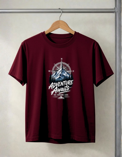 A maroon short-sleeve crewneck t-shirt hanging on a wooden hanger against a light gray wall. The shirt features a graphic print on the chest with a mountain, compass rose, and the text 'Adventure Awaits' in white and light blue.