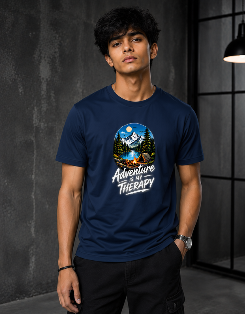 A man wearing a navy blue t-shirt with a circular graphic of a mountain campsite and the text 'Adventure is Therapy'.