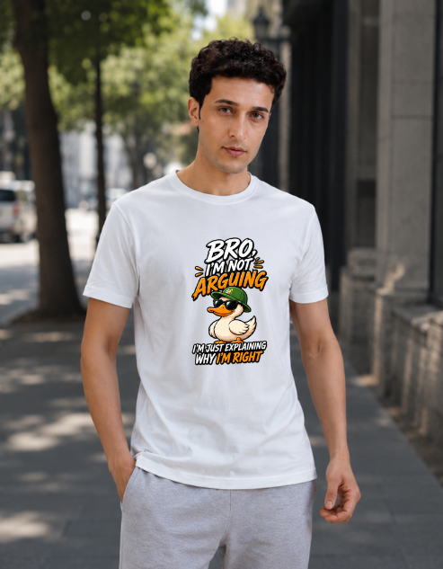 A man wearing a white graphic t-shirt with a cartoon duck and the text 'BRO I'M NOT ARGUING WHY I'M SIGHT' stands on a city sidewalk.