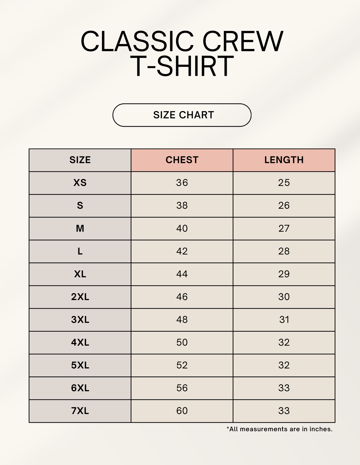 Classic Crew T-Shirts Size Chart