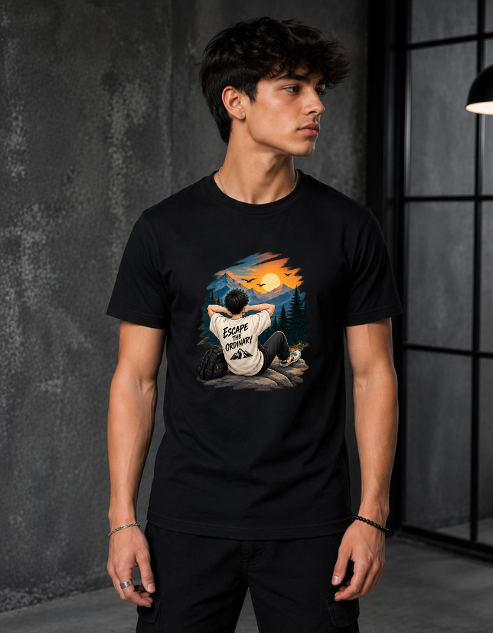 A man wearing a black short-sleeve t-shirt with a colorful graphic print on the front. The graphic shows a person sitting in a forest at night looking up at a glowing full moon, with the text 'Escape to the Wild' printed on the back of the shirt.