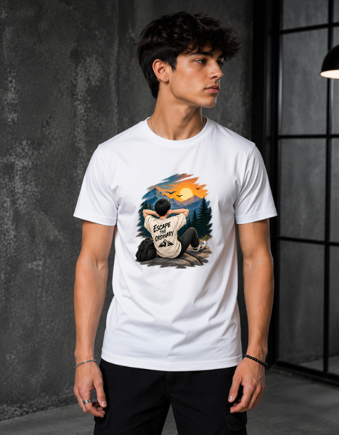 A man wearing a white crew-neck t-shirt with a colorful graphic print on the front, set against a dark gray textured wall and window background.
