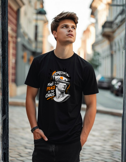 A young man wearing a black graphic t-shirt with a 'Find Peace in the Chaos' design, standing on a cobblestone street.