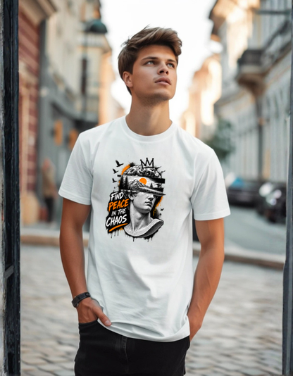 A young man wearing a white graphic t-shirt with a 'Fake Peace, Real Chaos' design, standing on a cobblestone street.