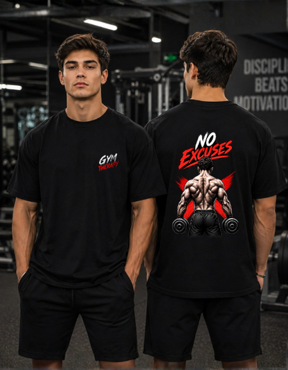 Two men modeling a black gym t-shirt in a gym setting, showing the front and back designs. The front has a small white and red logo, and the back features a large graphic of a muscular man with red wings and the text 'NO EXCUSES'.