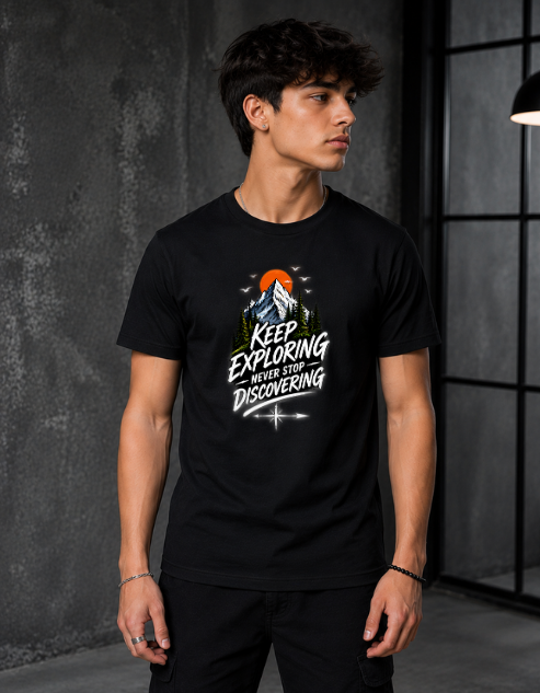 A man wearing a black short-sleeve t-shirt with a colorful graphic print on the front. The graphic shows a person sitting in a forest at night looking up at a glowing full moon, with the text 'Escape to the Wild' printed on the back of the shirt.