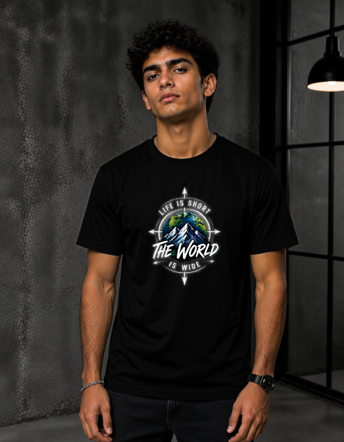 A man wearing a black short-sleeve graphic t-shirt with a circular design featuring mountains, a globe, and the text 'LIFE IS SHORT THE WORLD IS MIND'. The background is a dark gray textured wall with a hanging lamp.