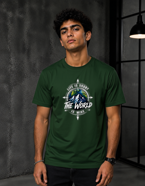 A man wearing a Bottle green crewneck t-shirt with a circular graphic on the chest that reads 'LIFE IS SHORT THE WORLD IS MIND' around a mountain and globe design, set against a dark gray textured wall.