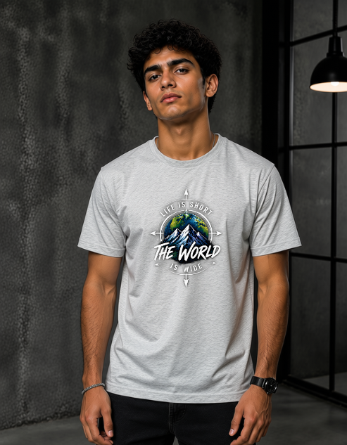 A man wearing a Grey Melange short-sleeve t-shirt with a circular graphic on the chest that reads 'LIFE IS SHORT THE WORLD IS MIND' around a mountain and globe design, set against a dark gray textured wall.