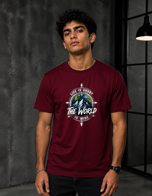 A man wearing a maroon short-sleeve t-shirt with a circular graphic on the chest that reads 'LIFE IS SHORT THE WORLD IS MIND' around a mountain and globe design, set against a dark gray textured wall.