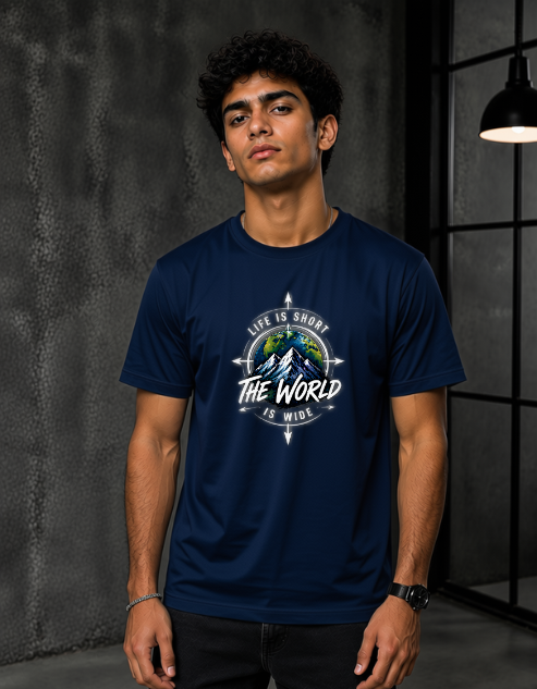 A man wearing a navy blue graphic t-shirt with a circular design that reads 'LIFE IS SHORT THE WORLD IS MIND' around a mountain and globe motif, set against a dark textured studio background.