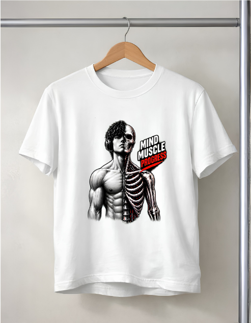A white short-sleeve crewneck t-shirt hanging on a wooden hanger from a metal clothing rack. The shirt features a graphic print of a muscular male torso with the left side of the chest removed to reveal a skeleton, alongside the text 'MIND MUSCLE PROGRESS' in white and red.