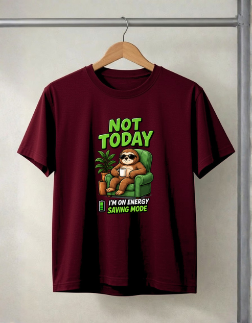 A maroon short-sleeve t-shirt hanging on a wooden hanger against a light gray wall. The shirt features a cartoon sloth sitting in a green armchair reading a book, with the text 'NOT TODAY' in green above and 'I'M ON ENERGY SAVING MODE' below.