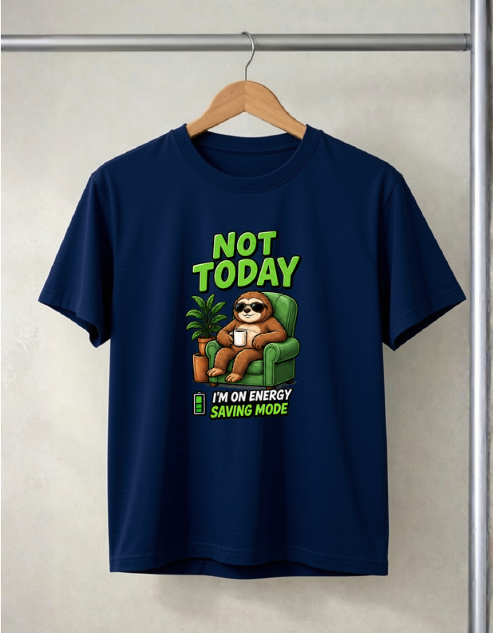 A navy blue short-sleeve t-shirt hanging on a wooden hanger against a light beige wall. The shirt features a cartoon sloth wearing sunglasses and sitting in a green armchair, with the text 'NOT TODAY' above and 'I'M ON ENERGY SAVING MODE' below.