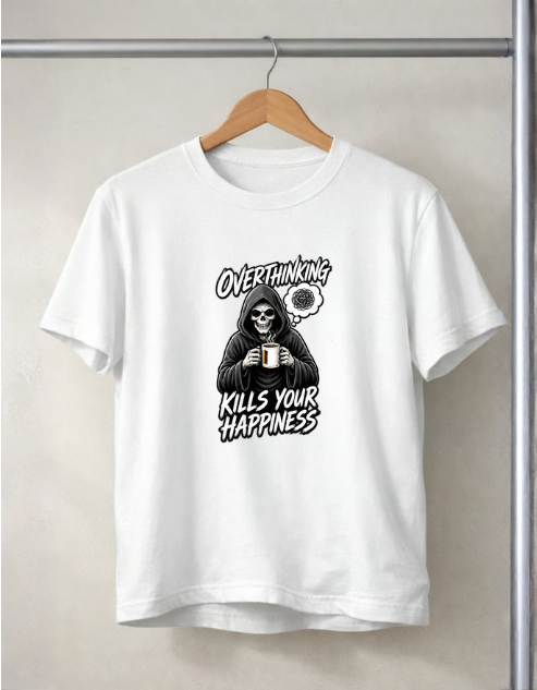 A white short-sleeve crewneck t-shirt hanging on a wooden hanger against a light beige wall. The shirt features a black graphic of a skeleton in a hood holding a mug, with the text 'OVERTHINKING KILLS YOUR HAPPINESS' and a small clock graphic.