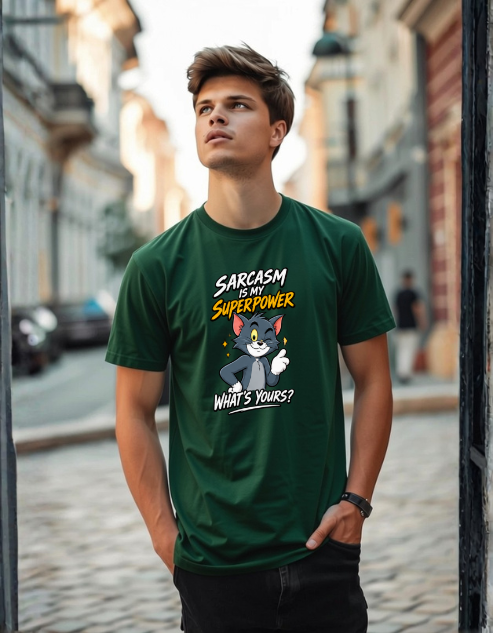 A man wearing a bottle green graphic t-shirt with a cartoon cat and the text 'SARCASM IS MY SUPERPOWER' standing in an outdoor cobblestone street.