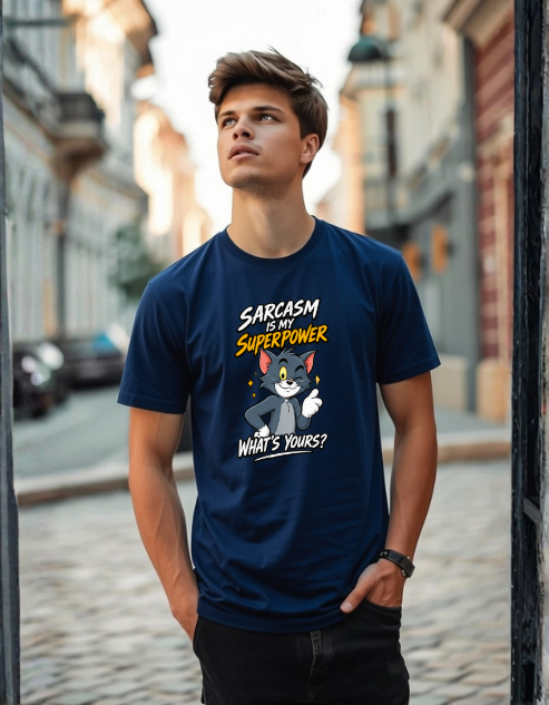 A man wearing a navy blue graphic t-shirt with a cartoon cat and the text 'SARCASM IS MY SUPERPOWER' and 'WHAT'S YOURS?' standing in an outdoor street setting.