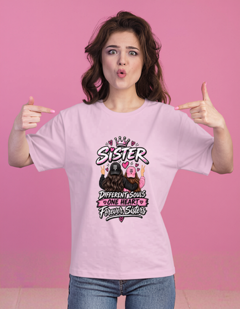 Sister Different Souls One Heart Forever Siters , Light baby pink T-shirt