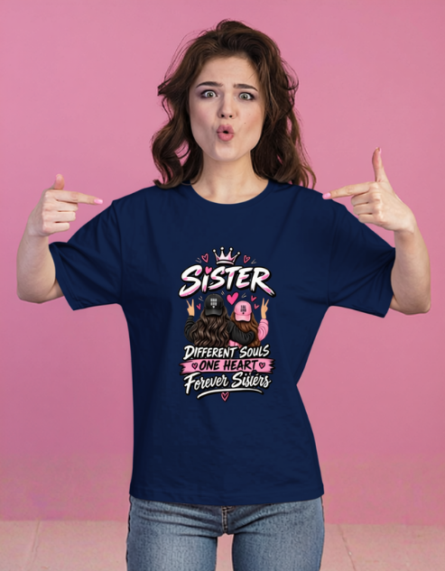 Sister Different Souls One Heart Forever Siters , Navy Blue T-shirt