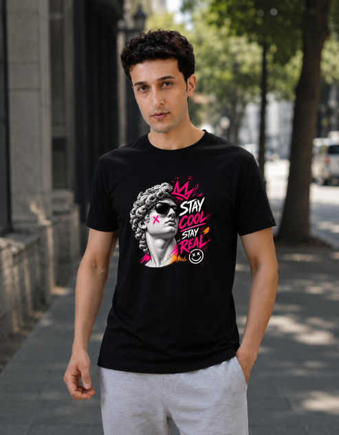 A man wearing a black graphic t-shirt with a vibrant pink, yellow, and white design featuring a woman's portrait and the text 'STAY COOL SAY REAL' in a graffiti-style font, standing on a city sidewalk.