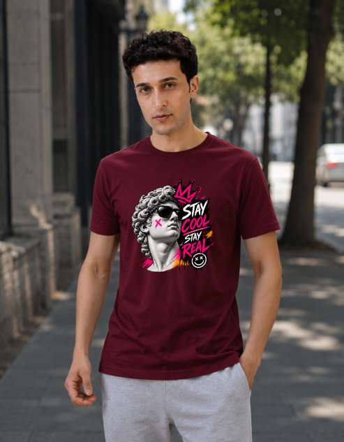 A man wearing a maroon crewneck t-shirt with a graphic print that reads 'STAY COOL AND REAL' in pink and white, standing on a city sidewalk.