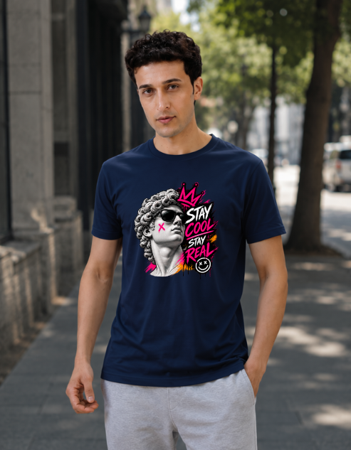 A man wearing a navy blue graphic t-shirt with a stylized portrait and the text 'STAY COOL SAY REAL' in pink, white, and yellow, standing on a city sidewalk.