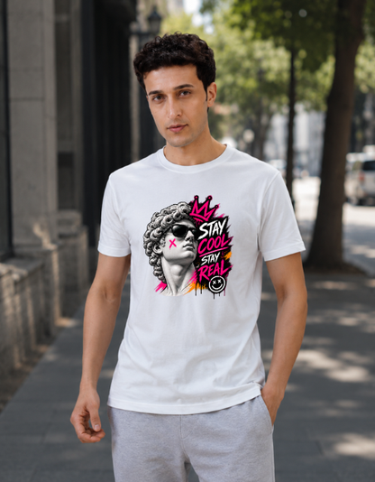 A man wearing a navy White graphic t-shirt with a stylized portrait and the text 'STAY COOL SAY REAL' in pink, white, and yellow, standing on a city sidewalk.