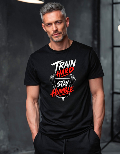 Train Hard Stay Humble T-Shirt Black and White colors