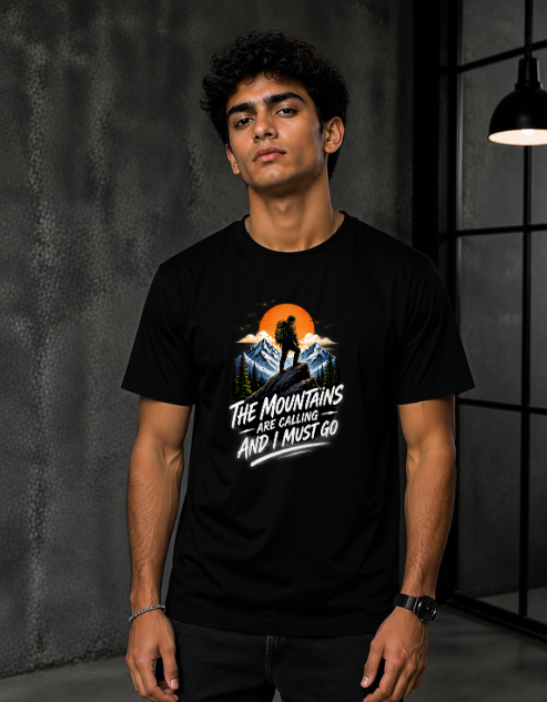 A man wearing a black short-sleeve graphic t-shirt with a mountain and sunset design and the text 'THE MOUNTAINS ARE GORGING AND I MUST GO'.