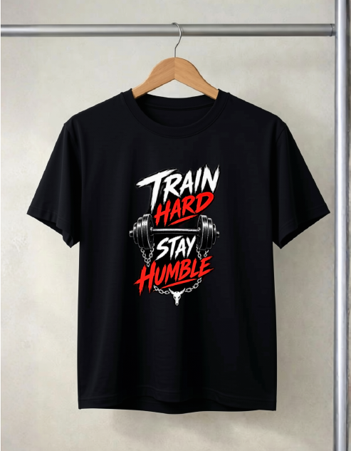 A black short-sleeve t-shirt hanging on a wooden hanger against a light beige wall. The shirt features a graphic print on the front with the words 'TRAIN HARD' in white and red, and 'STAY HUMBLE' in red, surrounding a barbell illustration.