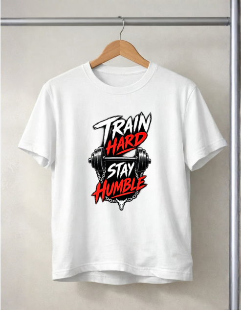 A white short-sleeve crewneck t-shirt hanging on a wooden hanger from a metal clothing rack. The shirt features a graphic print on the front with the words 'TRAIN HARD' in white and red, and 'STAY HUMBLE' in red and white, surrounding a black barbell illustration.