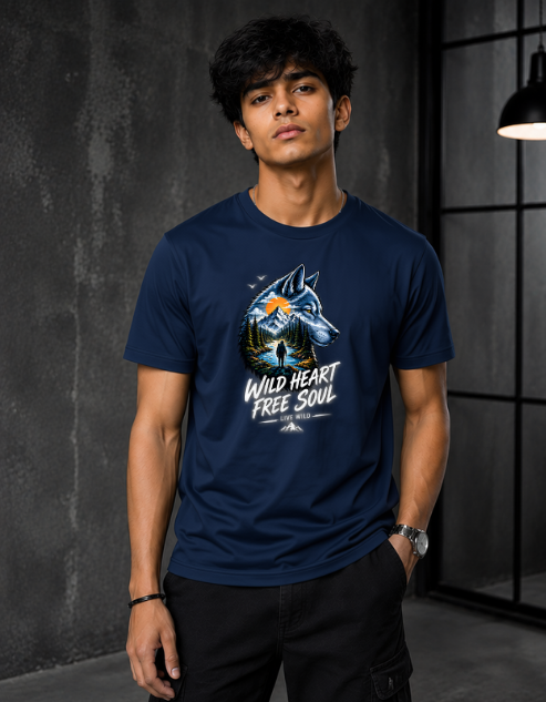 A man wearing a navy blue graphic t-shirt with a wolf design and the text 'WILD HEART FREE SOUL', standing in a dark industrial room.