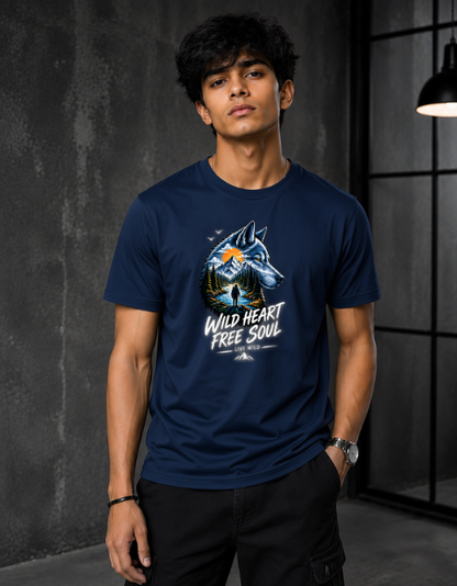 A man wearing a navy blue graphic t-shirt with a wolf design and the text 'WILD HEART FREE SOUL', standing in a dark industrial room.