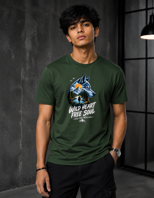 A man wearing a dark green crewneck t-shirt with a graphic of a blue wolf and the text 'WILD HEART FREE SOUL' on the front, set against a dark gray textured wall background.