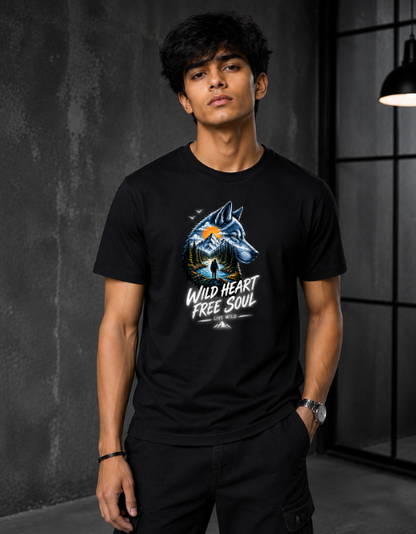 A man wearing a black short-sleeve graphic t-shirt with a blue wolf design and the text 'WILD HEART FREE SOUL' on the front, set against a dark gray textured wall background.