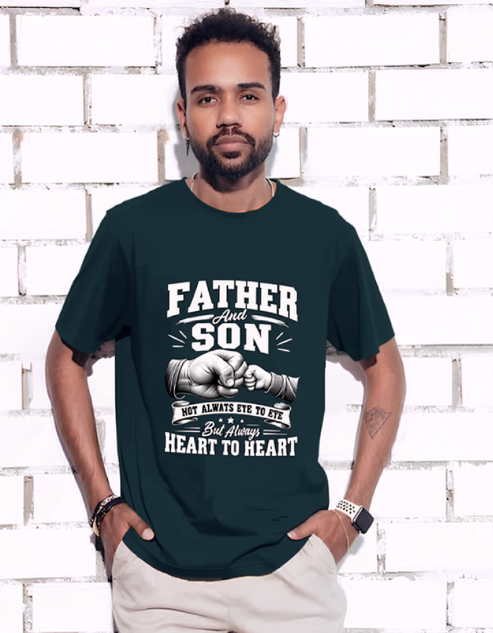 A man wearing a dark green graphic t-shirt with a white print that reads 'FATHER AND SON' and 'NOT LAVERS ARE TO DIE But Always HEART TO HEART' with an illustration of two fist bumping hands, standing against a white brick wall.